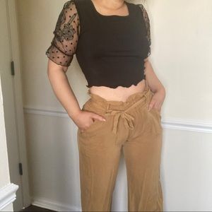 Paper bag high waisted mustard wide leg pants